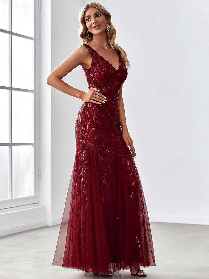 Women's Double V-Neck Fishtail Evening Dress – Sequin Glamour Gown - Biamonde